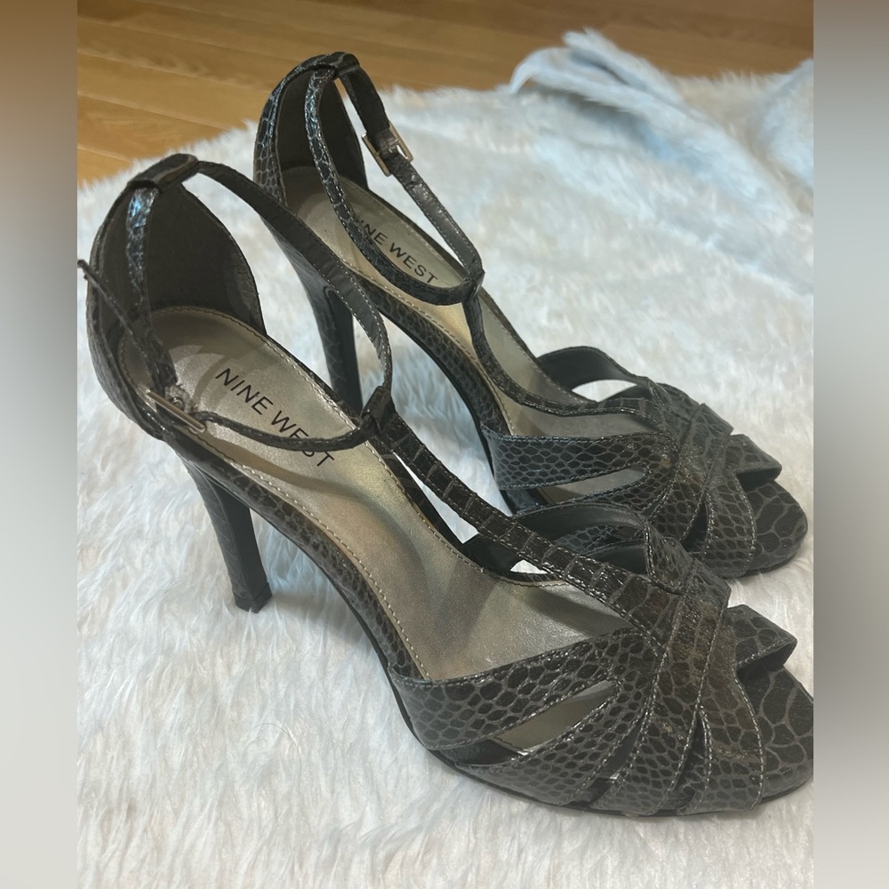 Nine West Black Faux-Snakeskin Strappy High Heel Sandals